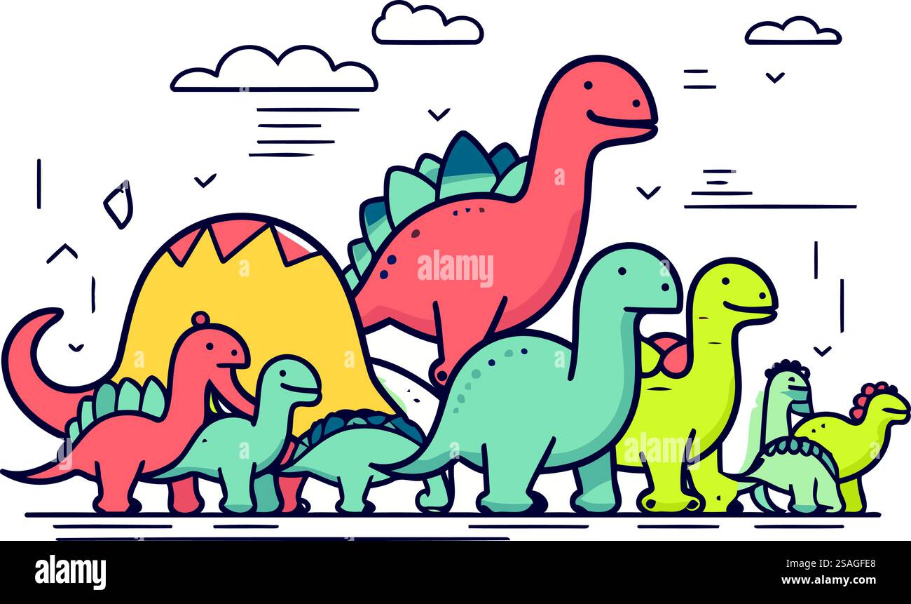Dinosaurier-Vektor-Illustration in flacher Linie. Süße Dinosaurier. triceratops. diplodocus. tyrannosaurus. Pterodactyl. stegosaurus. triceratops. diplodocus Stock Vektor