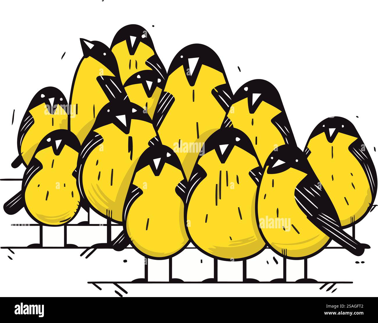 Vektorhandgezeichnete Illustration einer Gruppe von Goldfinkküken. Stock Vektor