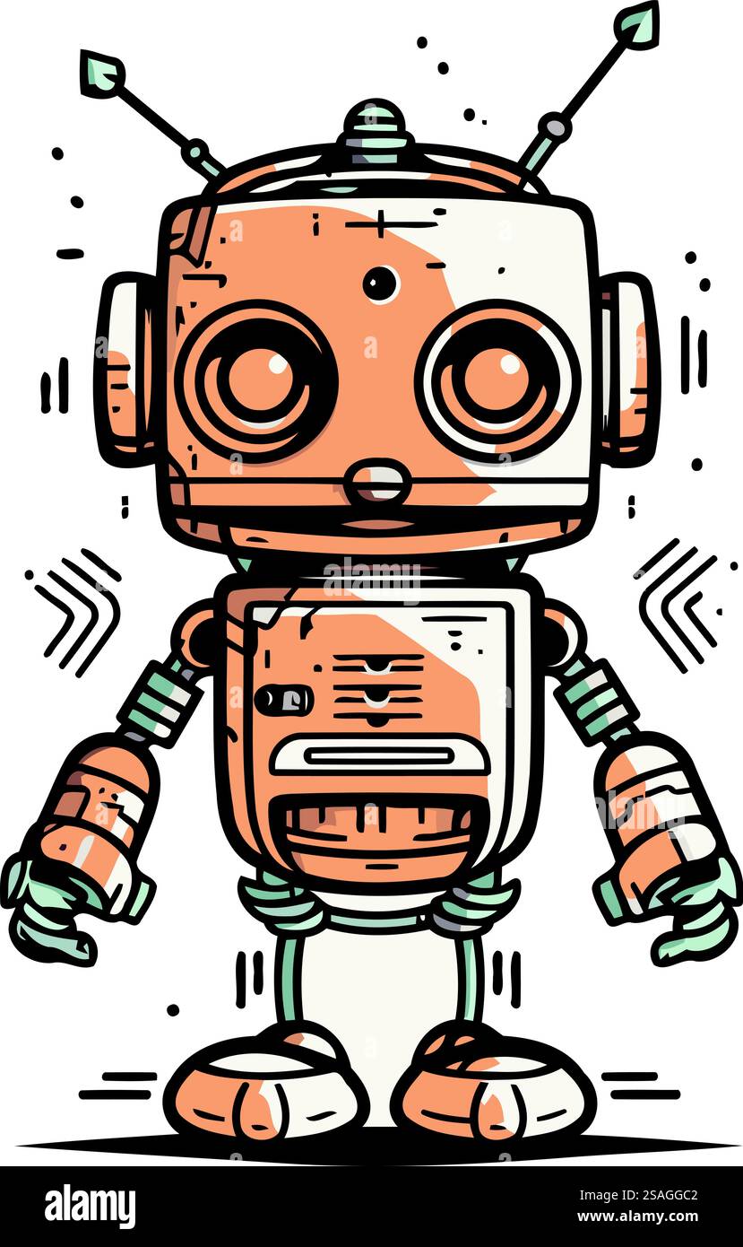Niedliche Roboter-Vektor-Illustration. Handgezeichneter Cartoon-Roboter mit Pfeil. Stock Vektor