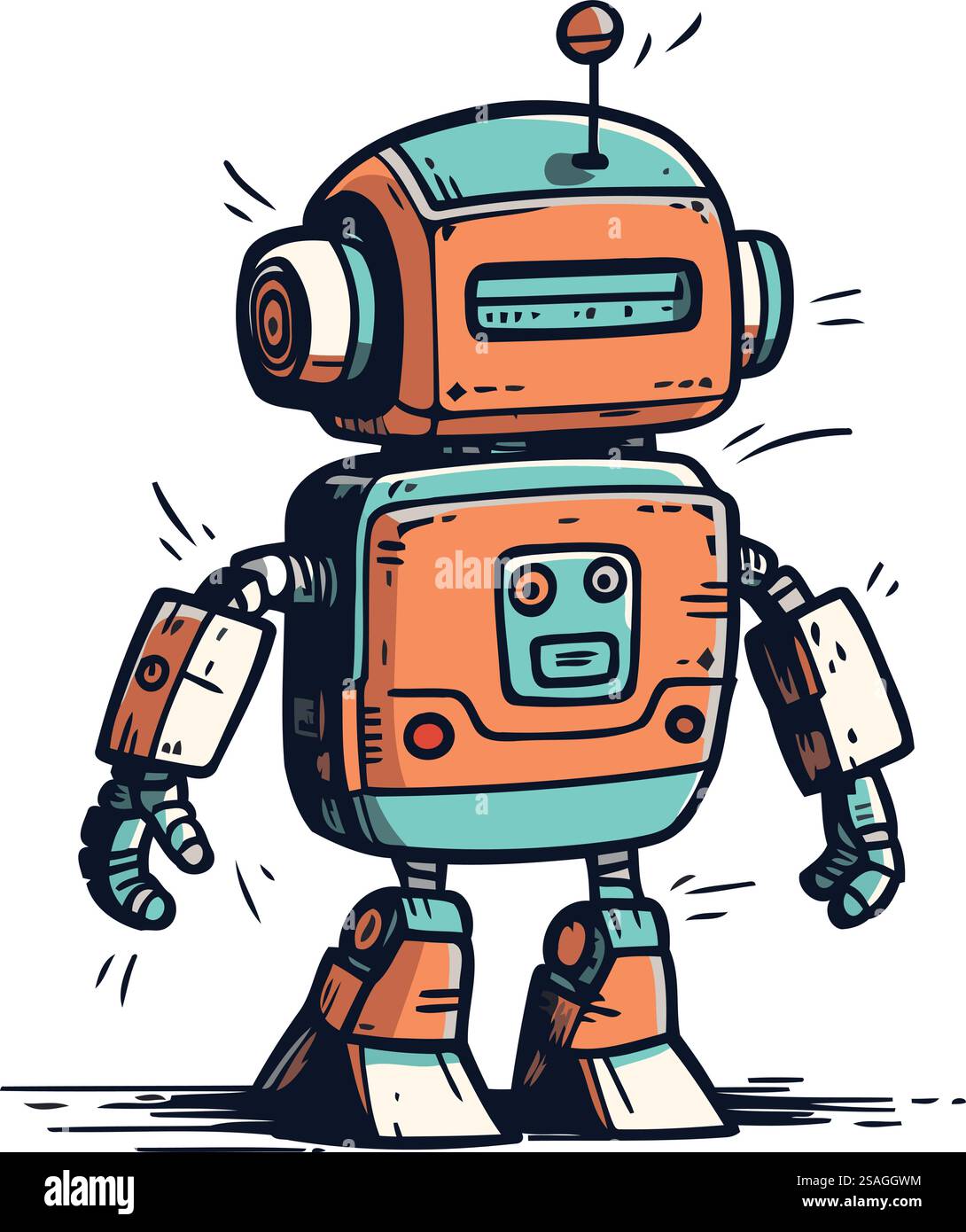 Retro-Roboter Hand gezeichnete Vektorillustration. Niedlicher Karikaturroboter. Stock Vektor