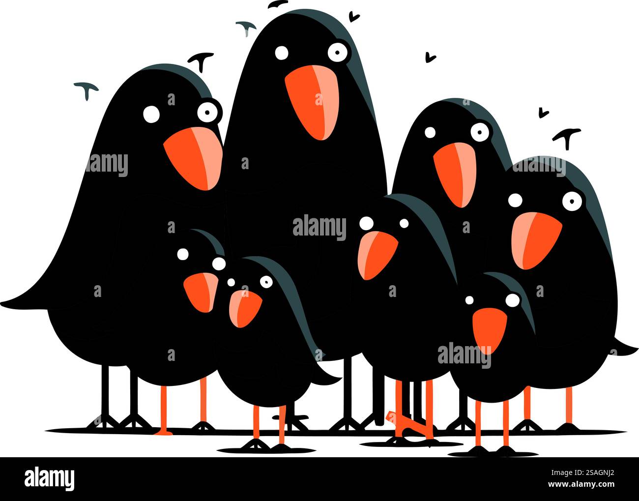 Gruppe von schwarzen Vögeln auf weißem Hintergrund. Vektorillustration im Cartoon-Stil. Stock Vektor