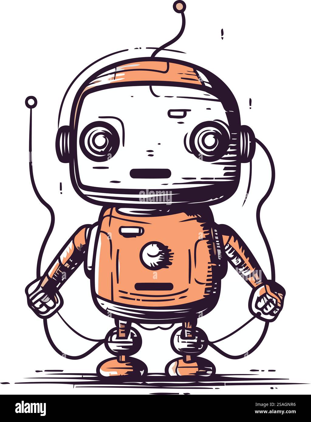 Hand gezeichnete Vektor-Illustration eines niedlichen Zeichentrickroboters isoliert auf weißem Hintergrund. Stock Vektor