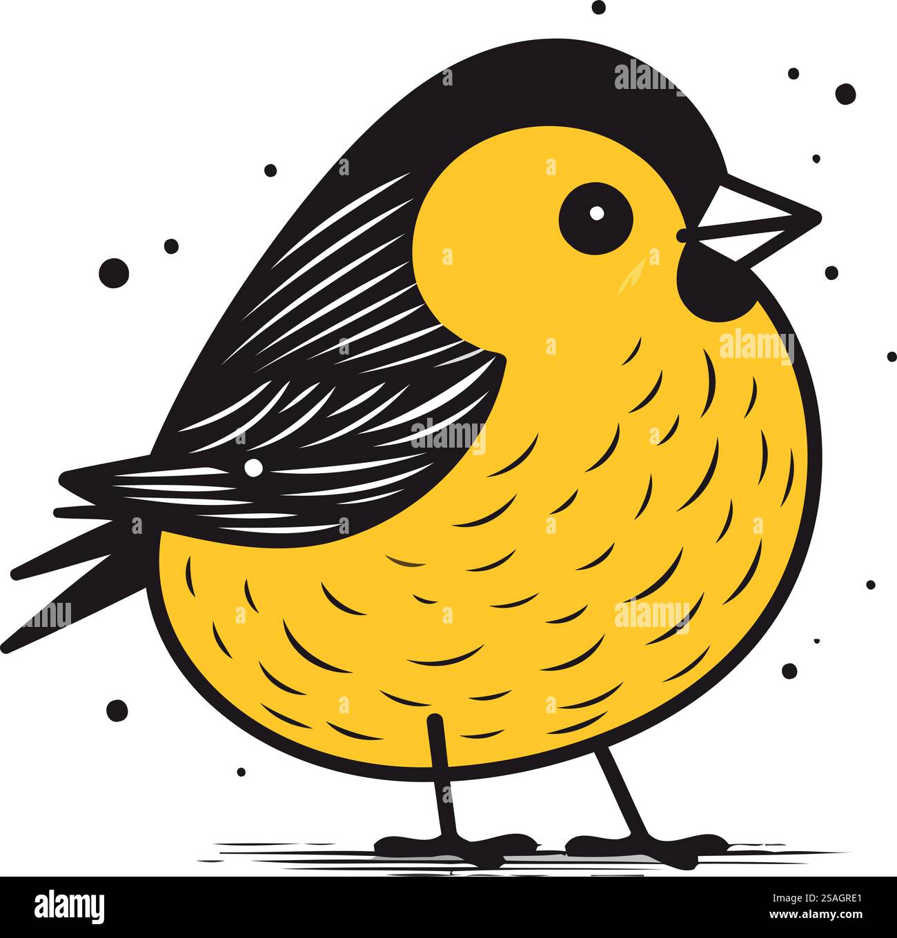 Schwarzer und gelber Vogel isoliert auf weißem Hintergrund. Vektorillustration in handgezeichnetem Stil. Stock Vektor