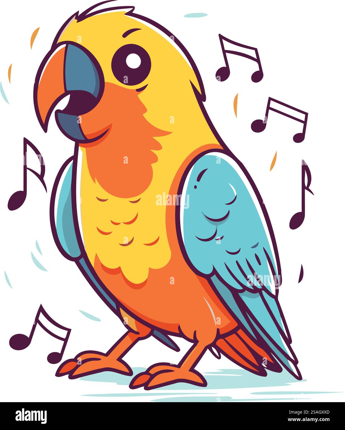 Süßer Papagei mit Musiknoten. Handgezeichnete Vektorgrafik. Stock Vektor