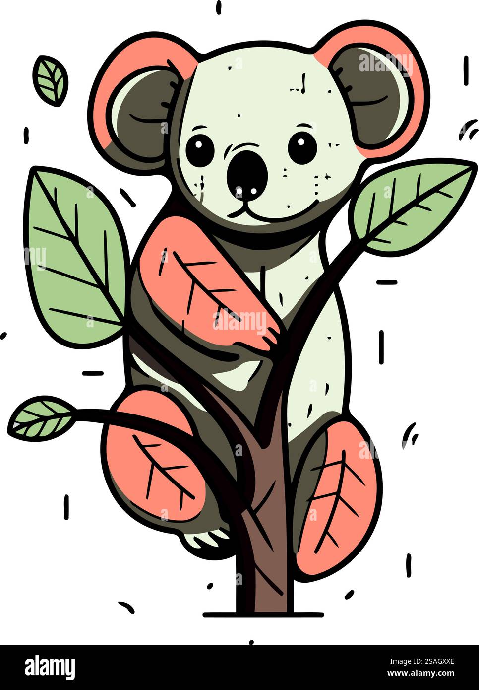 Süßer Koala auf einem Baum mit Blättern. Vektorabbildung. Stock Vektor