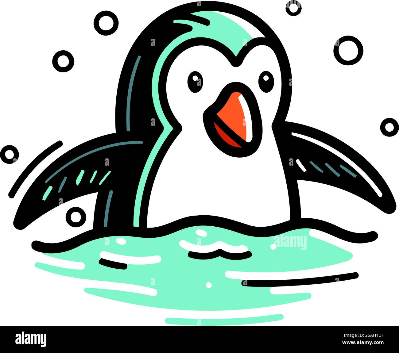 Pinguine schwimmen im Meer. Vektorillustration im Doodle-Stil. Stock Vektor