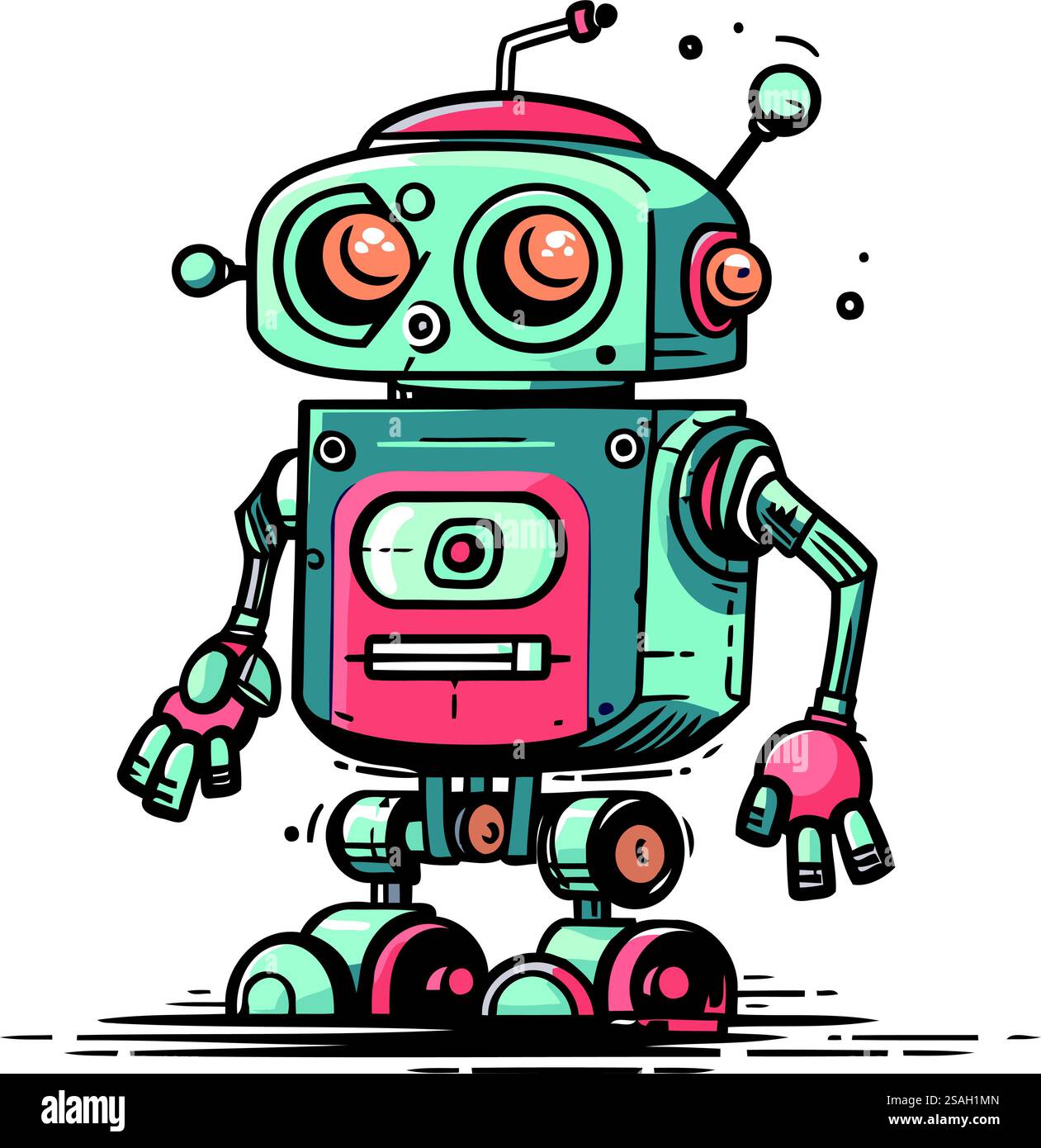 Niedlicher Karikaturroboter. Handgezeichnete Vektorgrafik. Isoliert auf weißem Hintergrund. Stock Vektor