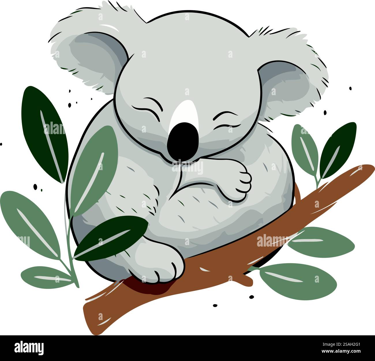 Niedlicher Koala, der auf Eukalyptuszweig schläft. Vektorabbildung. Stock Vektor