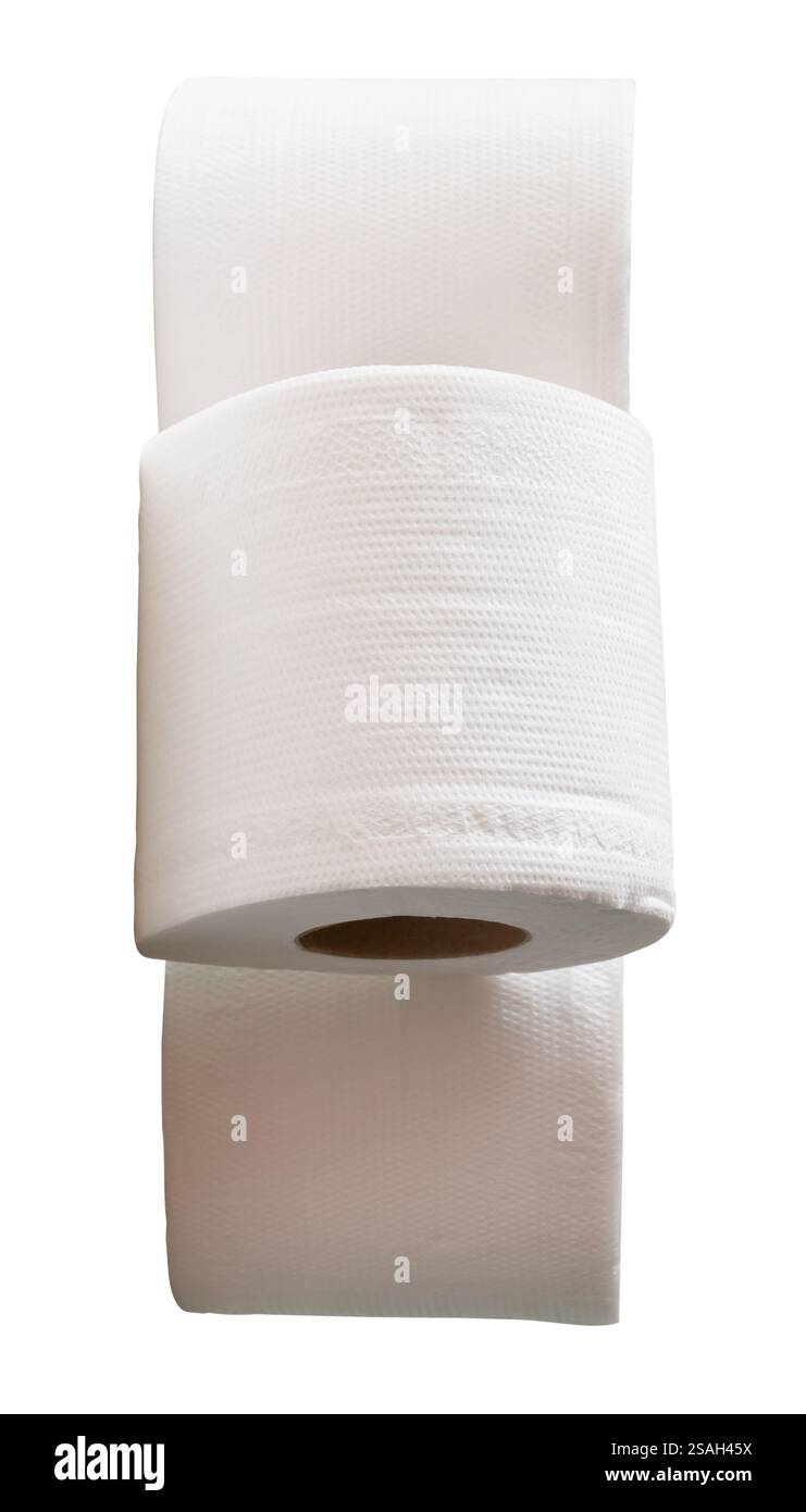 Die Draufsicht von drei Rollen weißem Tissuepapier im Stapel ist auf weißem Hintergrund mit Beschneidungspfad isoliert. Stockfoto