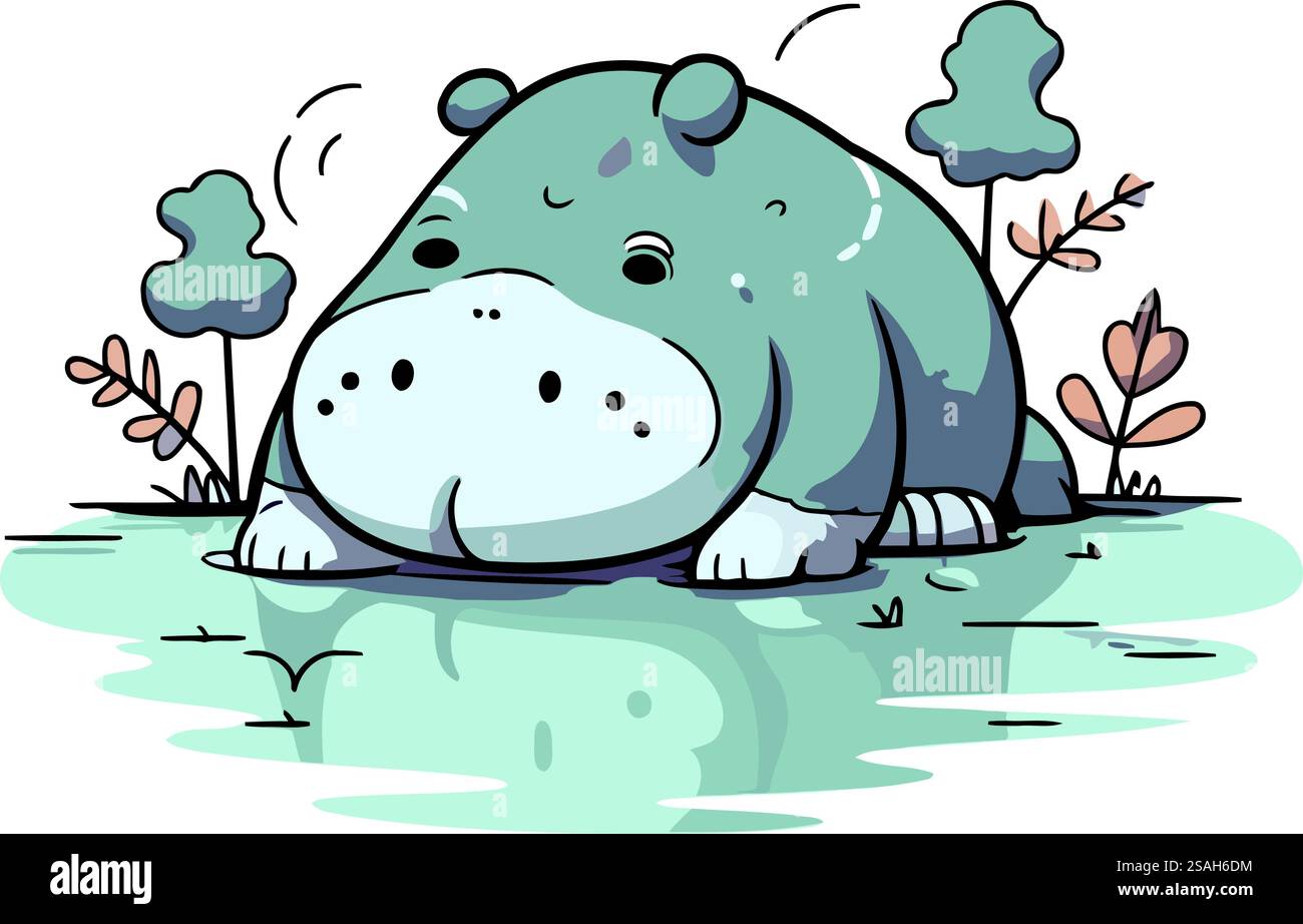 Niedliches Nilpferd im Wasser. Vektor-Zeichentrick-Illustration. Stock Vektor