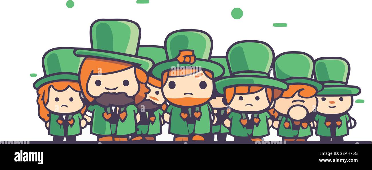 Niedliche Cartoon Leprechauns Gruppe. Vektorabbildung. Stock Vektor