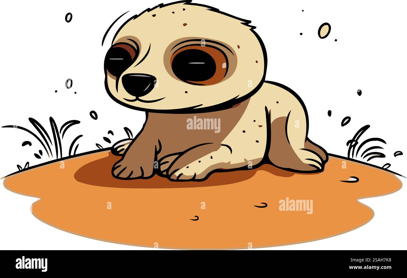 Niedliches Cartoon-Faultier, das auf dem Sand sitzt. Vektorabbildung. Stock Vektor