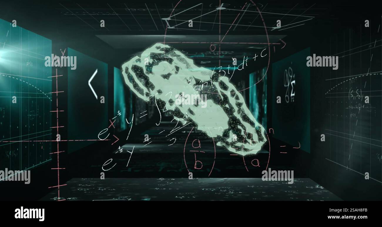 Bild einer Wolke mit Zahnrädern über mathematischen Gleichungen und Symbolen auf schwarzem Hintergrund Stockfoto