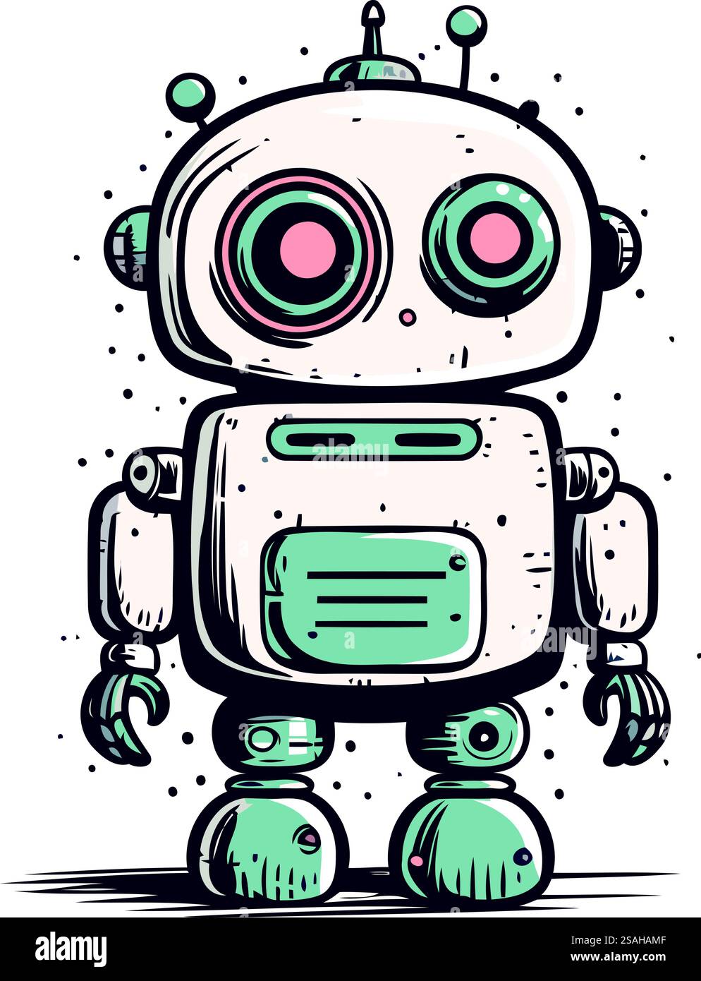 Niedlicher Karikaturroboter. Handgezeichnete Vektorillustration isoliert auf weißem Hintergrund. Stock Vektor