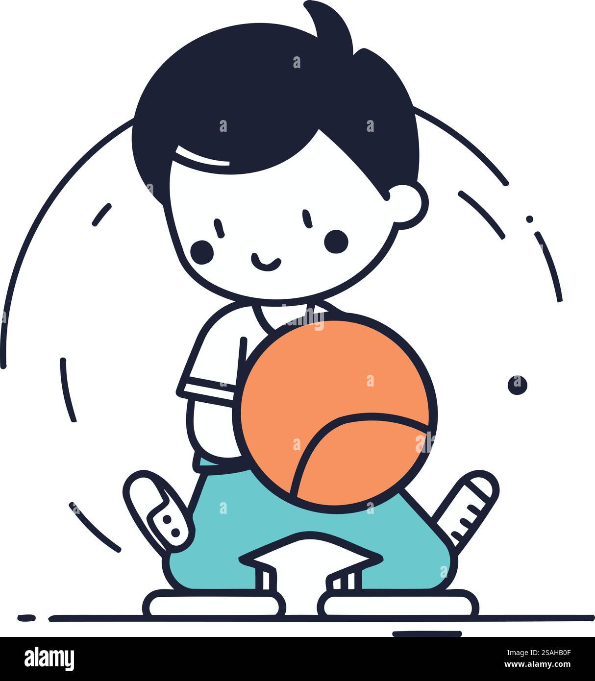 Süßer Junge, der Basketball spielt. Linienart. Vektorabbildung. Stock Vektor