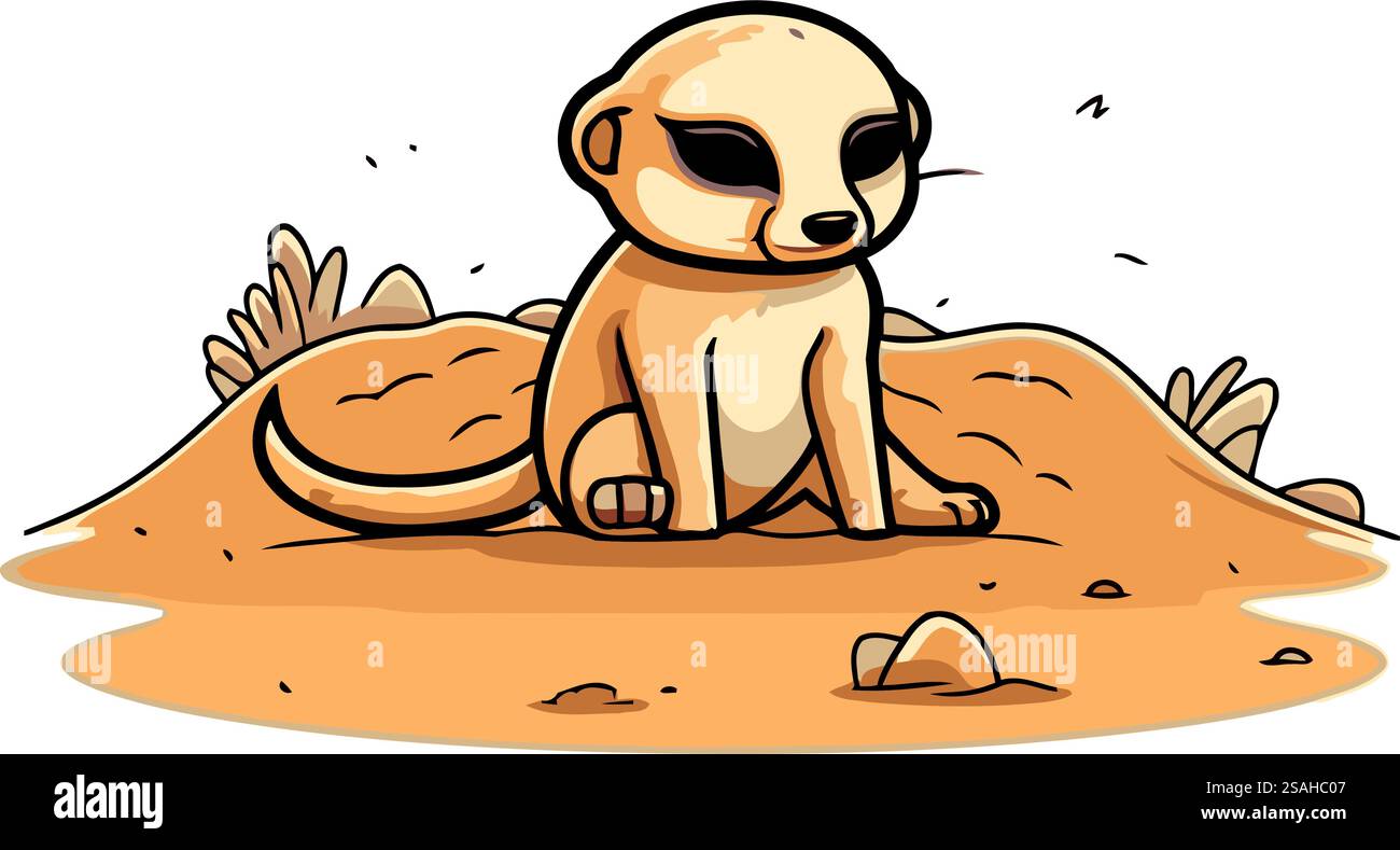 Cartoon-Erdmännchen sitzen auf dem Sand. Vektorabbildung. Stock Vektor
