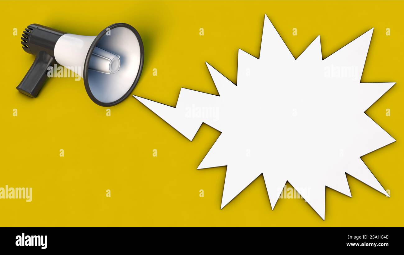 Megaphon mit Sprachblase auf gelbem Hintergrund Stockfoto