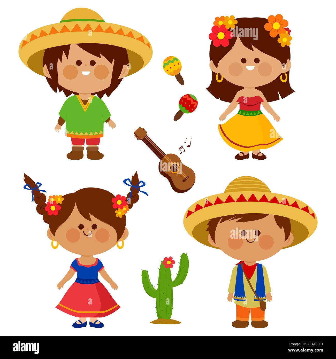 Mexikanische Kinder. Comic Happy Kids, Jungen und Mädchen mit traditionellen Kostümen und Sombreros, Cinco de Mayo fiesta Party mit Musik. Stockfoto