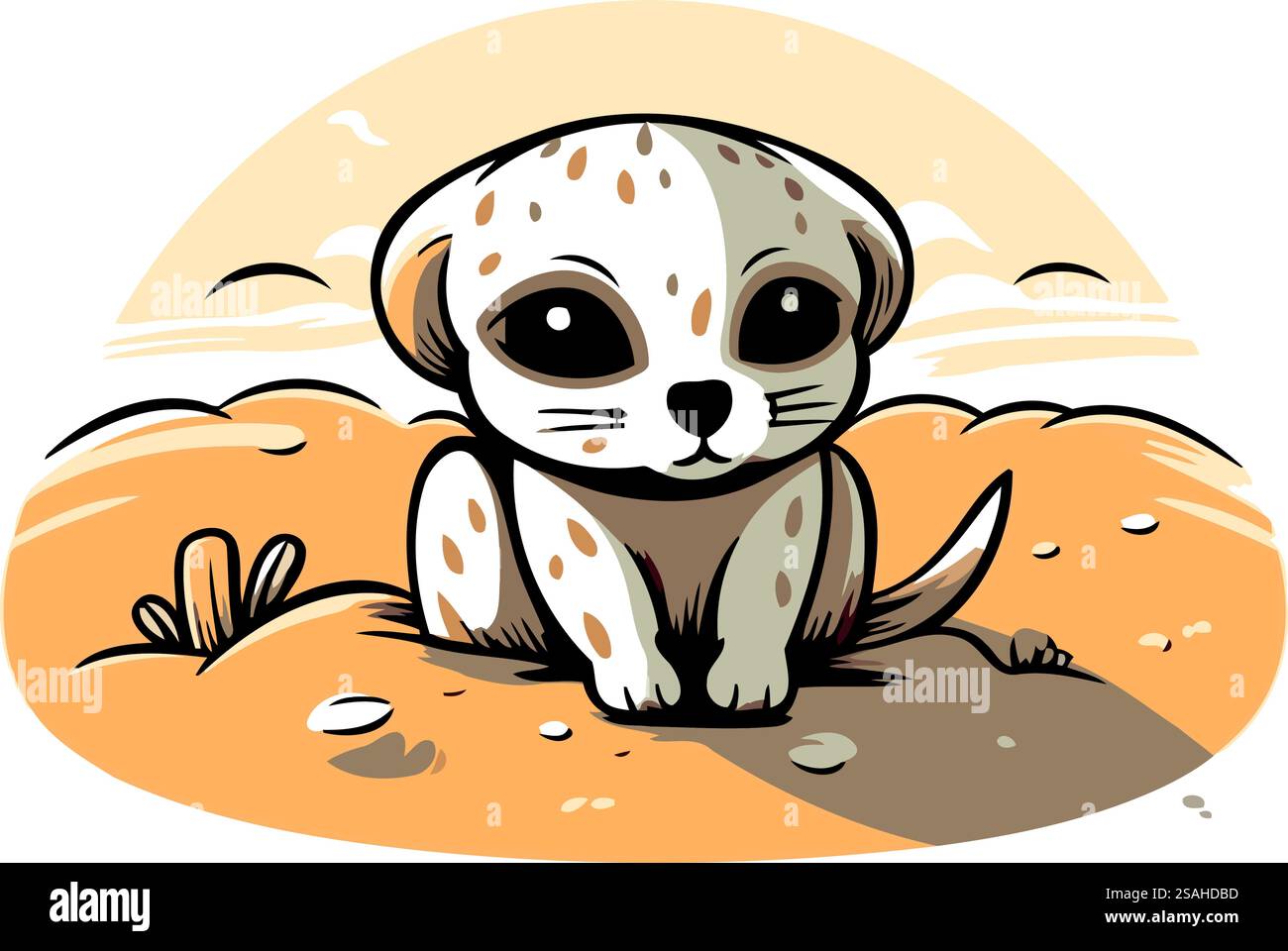 Niedliches Cartoon-Erdmännchen, das auf dem Sand sitzt. Vektorabbildung Stock Vektor
