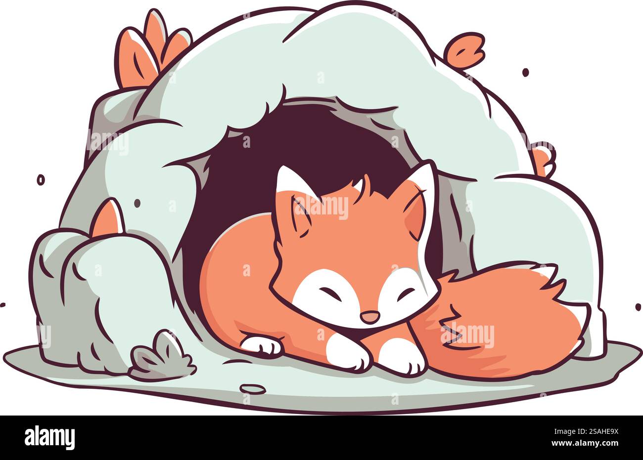 Niedlicher Comic Fuchs, der in einem Katzenhaus schläft. Vektorabbildung. Stock Vektor