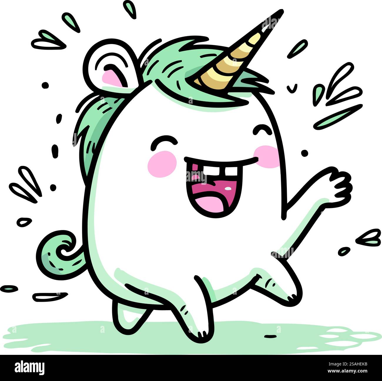 Lustiges Cartoon-Einhorn läuft und lächelt. Illustration von Vektorclips. Stock Vektor