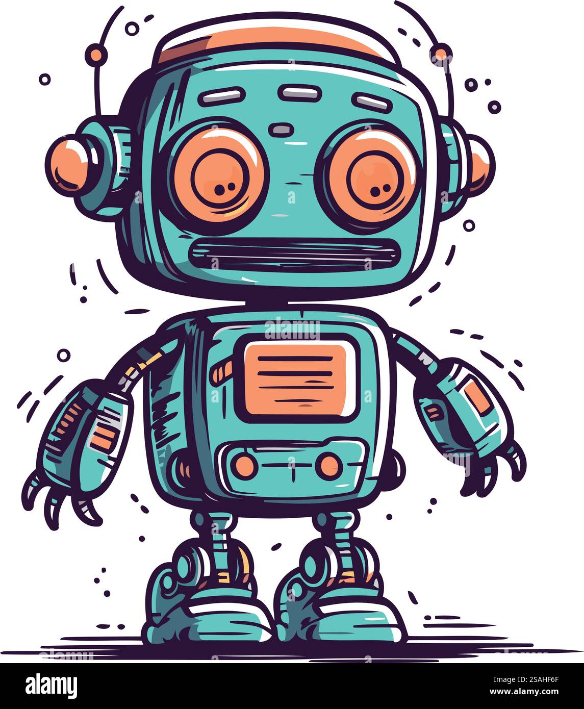Niedlicher Karikaturroboter. Handgezeichnete Vektorgrafik. Isoliert auf weißem Hintergrund. Stock Vektor