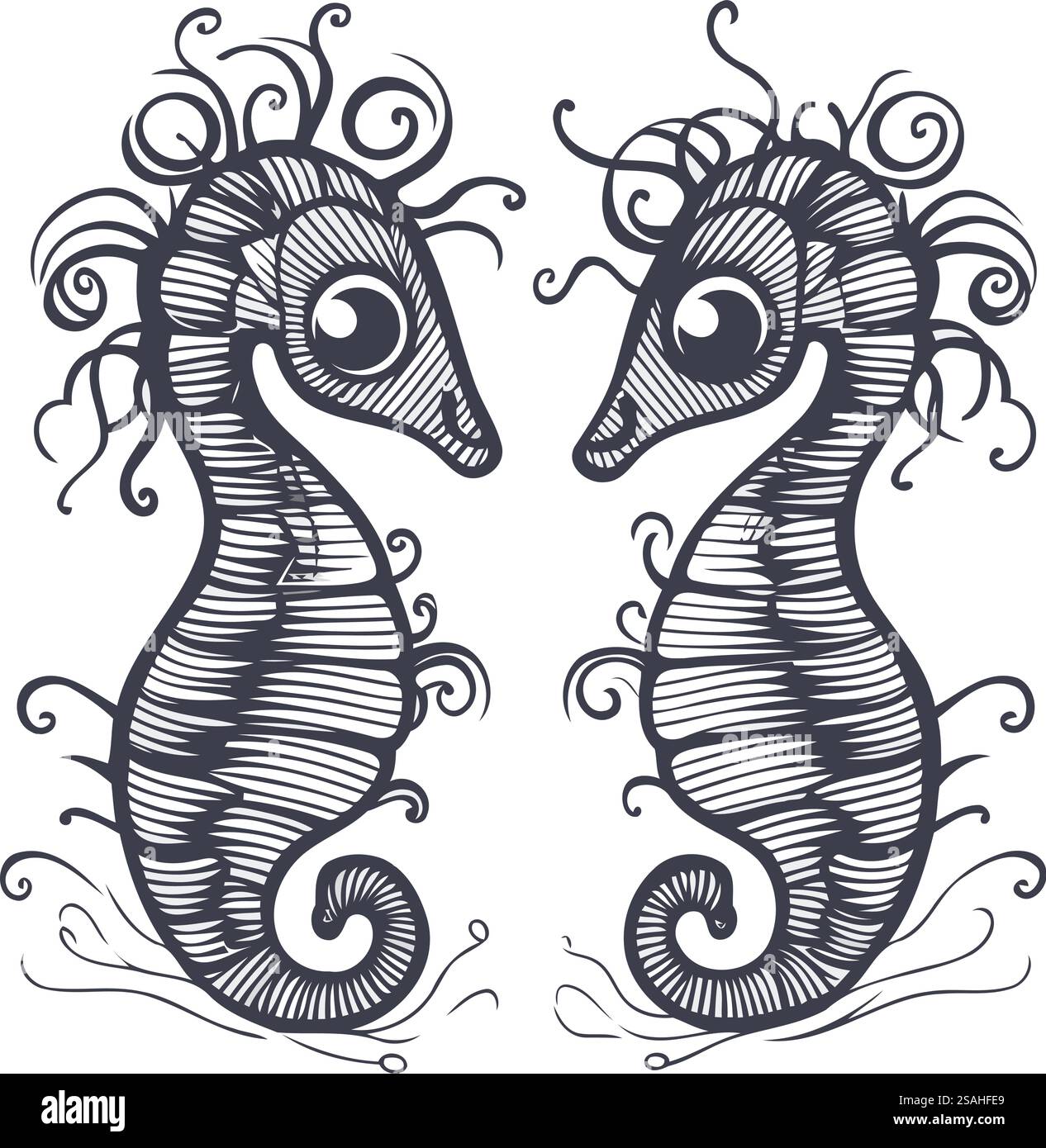 Handgezeichnete Seepferdchen. Vektorabbildung. Tattoo-Kunst. Stock Vektor