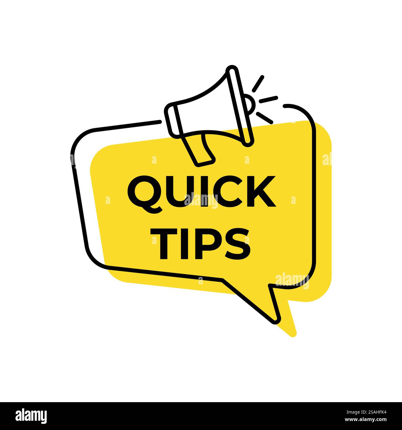 Symbol für QuickInfo. Gelbes Megaphon-Vektorbanner. faq-Schild für Bildungseinrichtungen. Beste Hilfe. Gedankenblase mit Zitaten. Top-Tipps Chat Think Me Stock Vektor