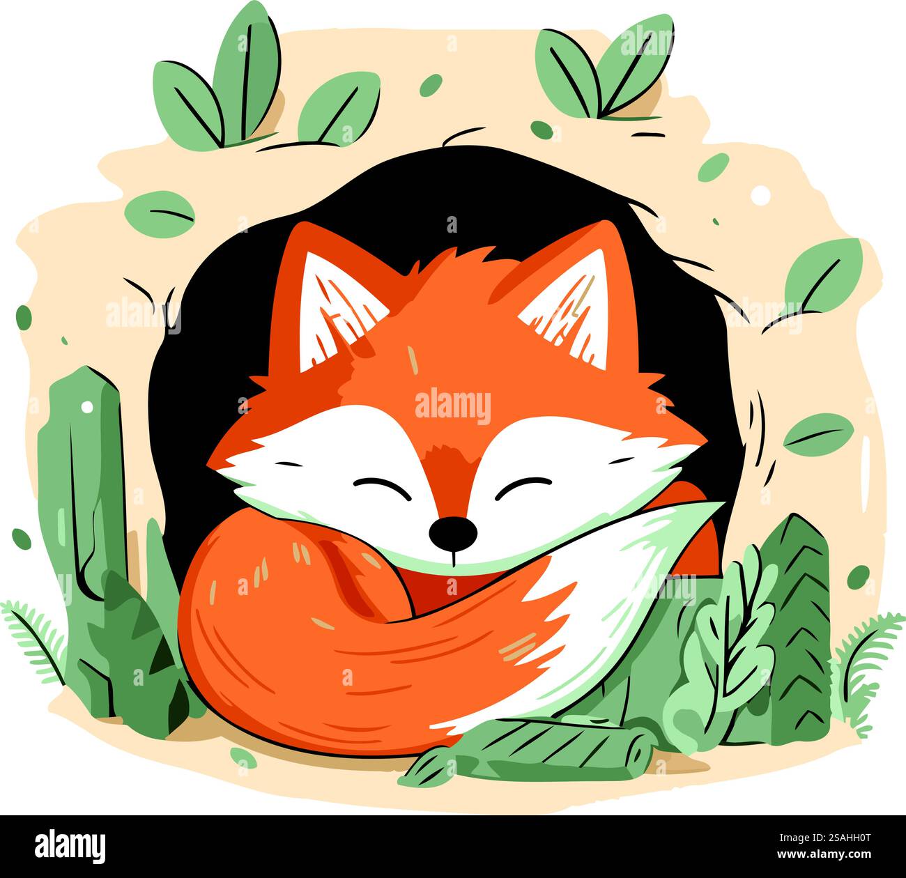 Niedlicher Fuchs, der im Katzenhaus schläft. Vektorabbildung. Stock Vektor