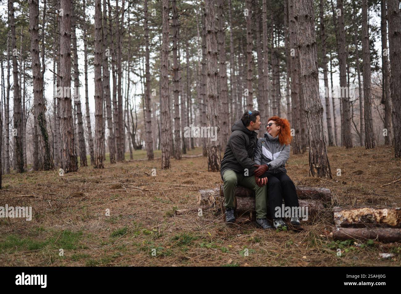 Turteltauben flirten in einem Park an einem Valentinstag Stockfoto