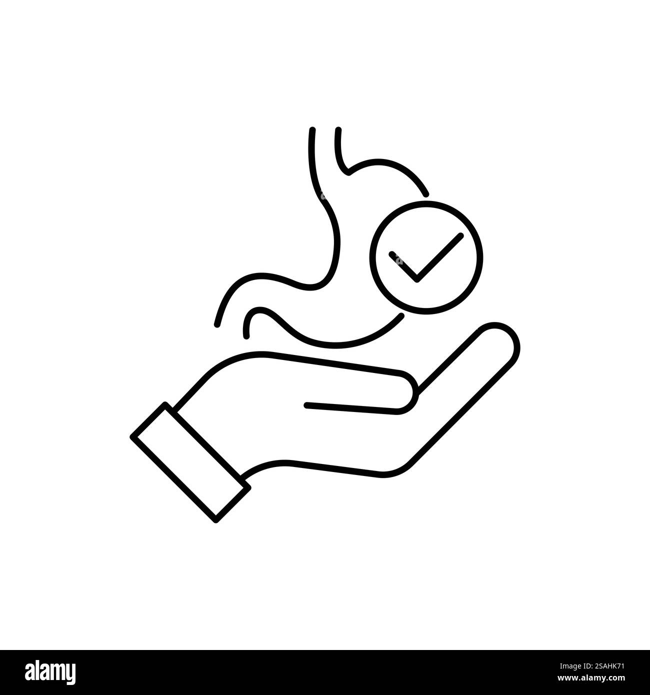 Hand hält gesunden Magen Vektorlinie Symbol. Gastroenterologie medizinische Symptomuntersuchung Behandlungskonzept. Stock Vektor