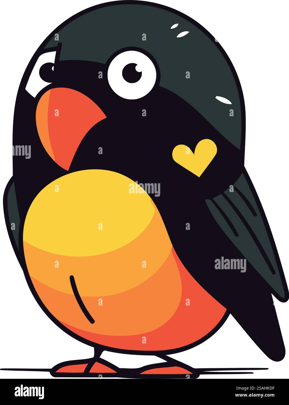 Karikaturvektor-Illustration des netten kleinen schwarzen Vogels mit großen Augen und gelbem Schnabel. Stock Vektor