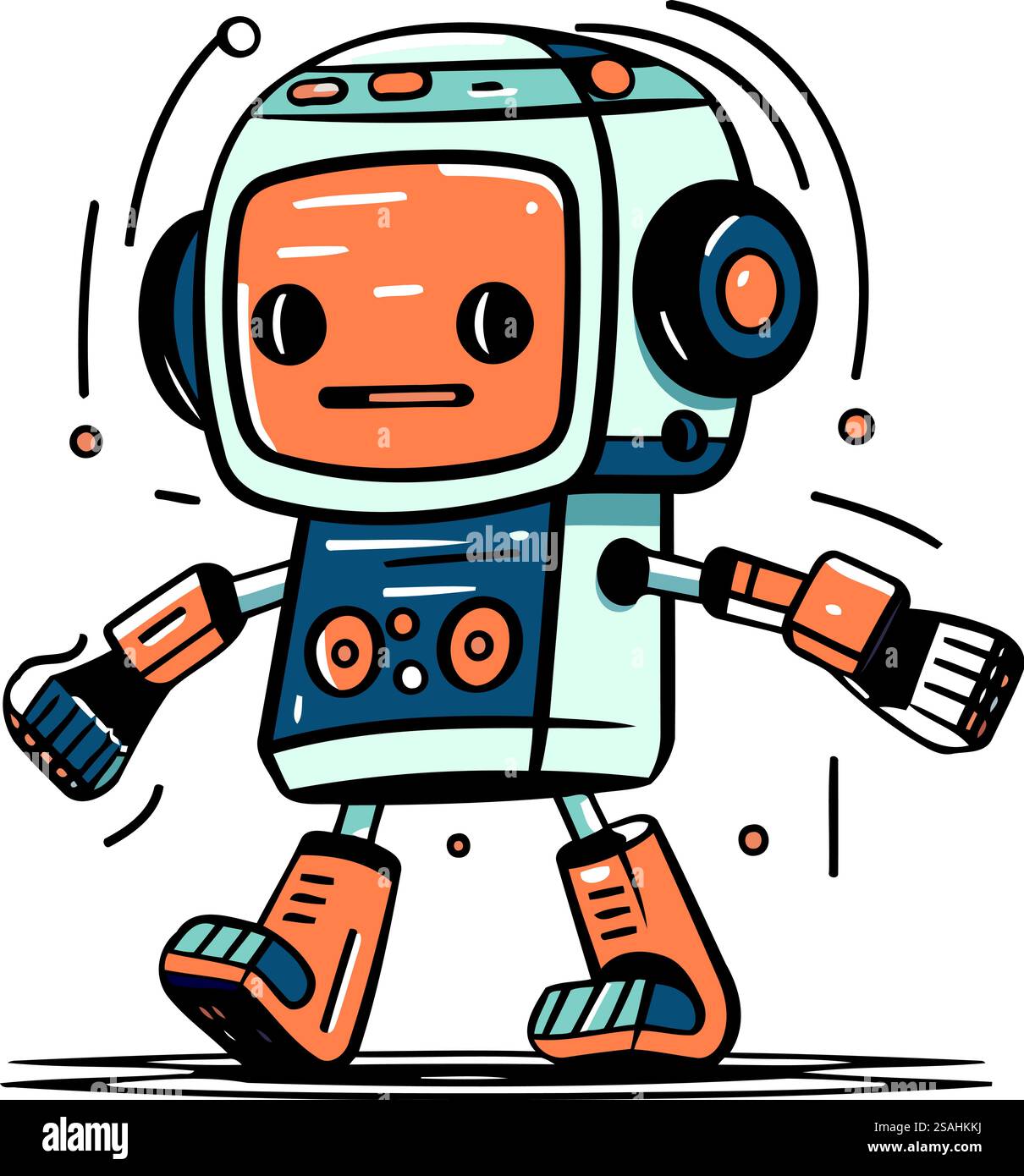 Niedlicher Karikaturroboter mit Kopfhörern. Vektordarstellung eines Roboters. Stock Vektor