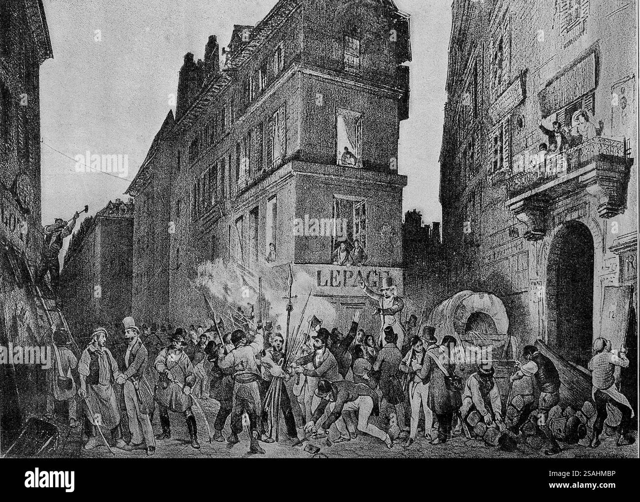 Frankreich. Paris. 1830 Revolution. Rue de Richelieu. Zerstörung der Büchsenschmiede Lepage. Gravur. "Journées Révolutionnaires", 1830-1848, Paris, 1 Stockfoto