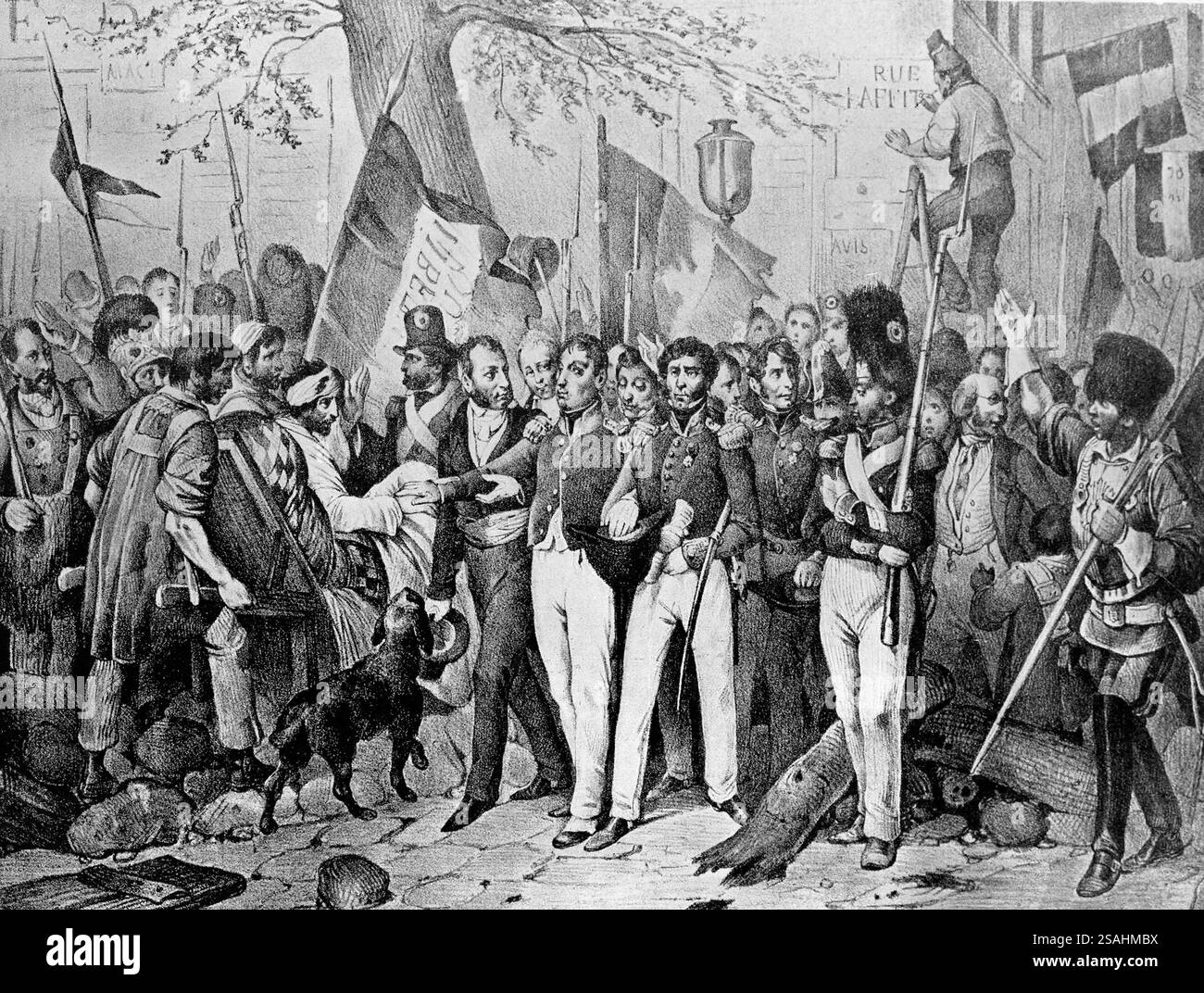 Frankreich. Paris. 1830 Revolution. La Fayette (bekannt als Führer der Revolution) geht zum Rathaus. Gravur, 19. Journées Révolutionnaire Stockfoto