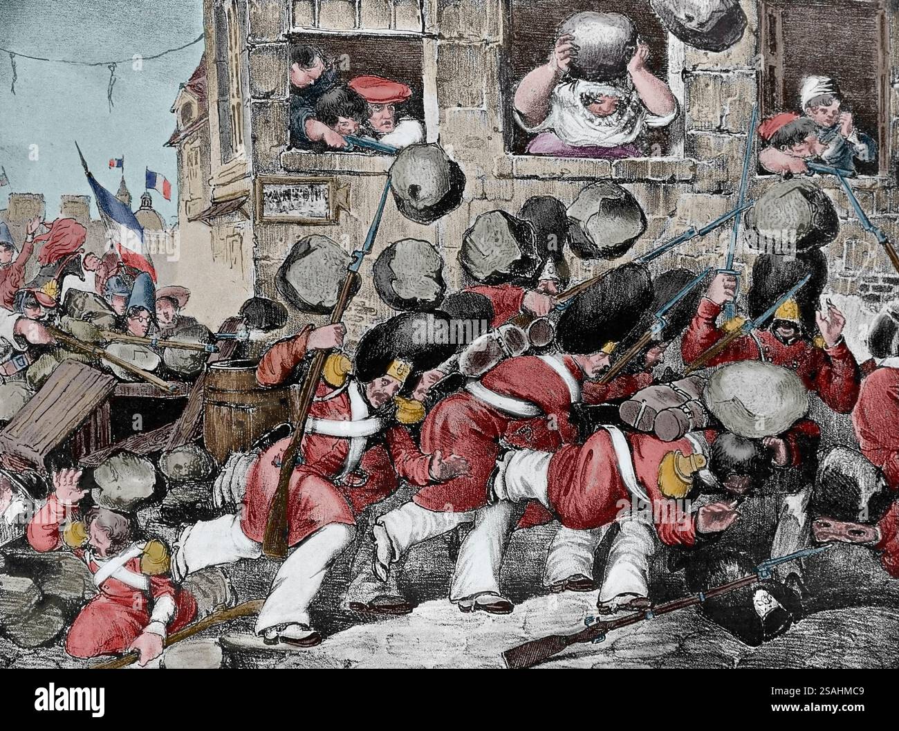 Frankreich. Paris. Juli Revolution 1830. Marsch der Schweizer Truppen an einem Tag rauen Wetters. Satire. Aus der Lithographie der Zeit. Private Sammlung. Journée Stockfoto