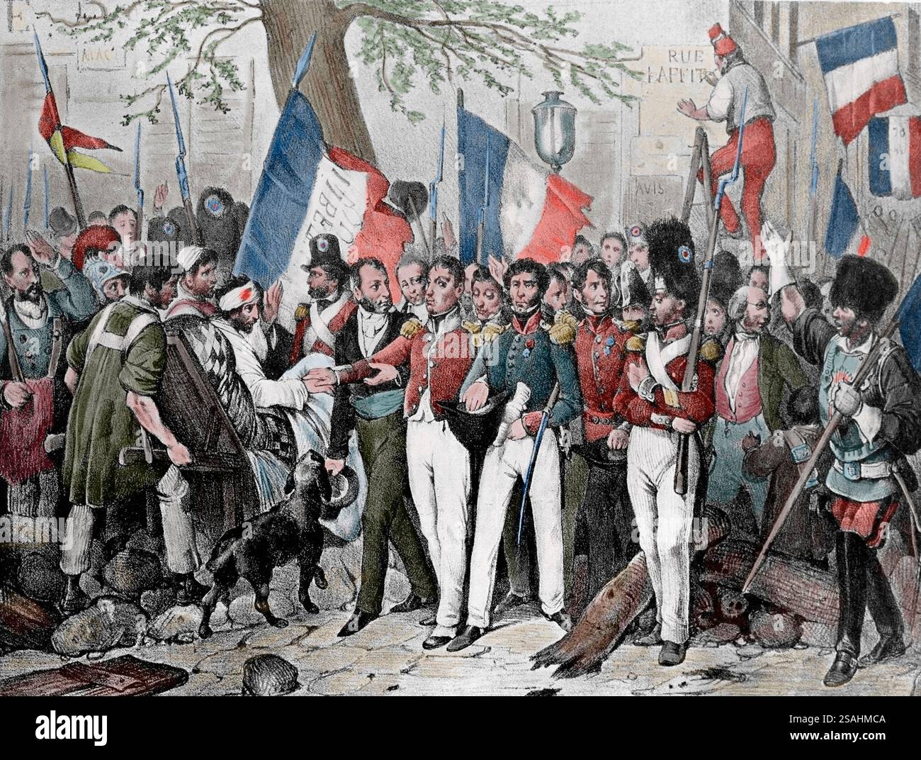 Frankreich. Paris. 1830 Revolution. La Fayette (bekannt als Führer der Revolution) geht zum Rathaus. Gravur, 19. Journées Révolutionnaire Stockfoto