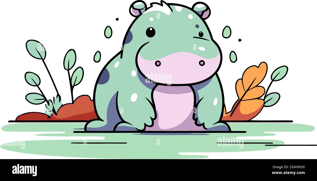 Niedliches Nilpferd im Dschungel. Vektor-Zeichentrick-Illustration. Stock Vektor