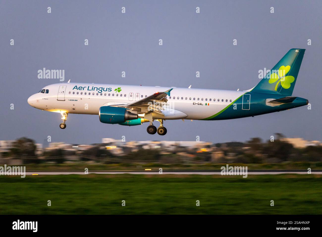 Aer Lingus Airbus A320-214 (REG: EI-GAL) landet gut nach Sonnenuntergang. Stockfoto