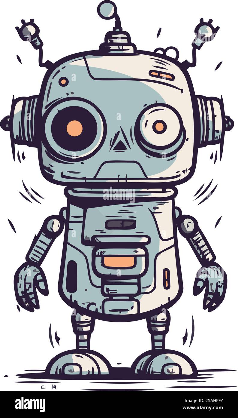 Niedlicher Karikaturroboter. Handgezeichnete Vektorgrafik. Isoliert auf weißem Hintergrund. Stock Vektor