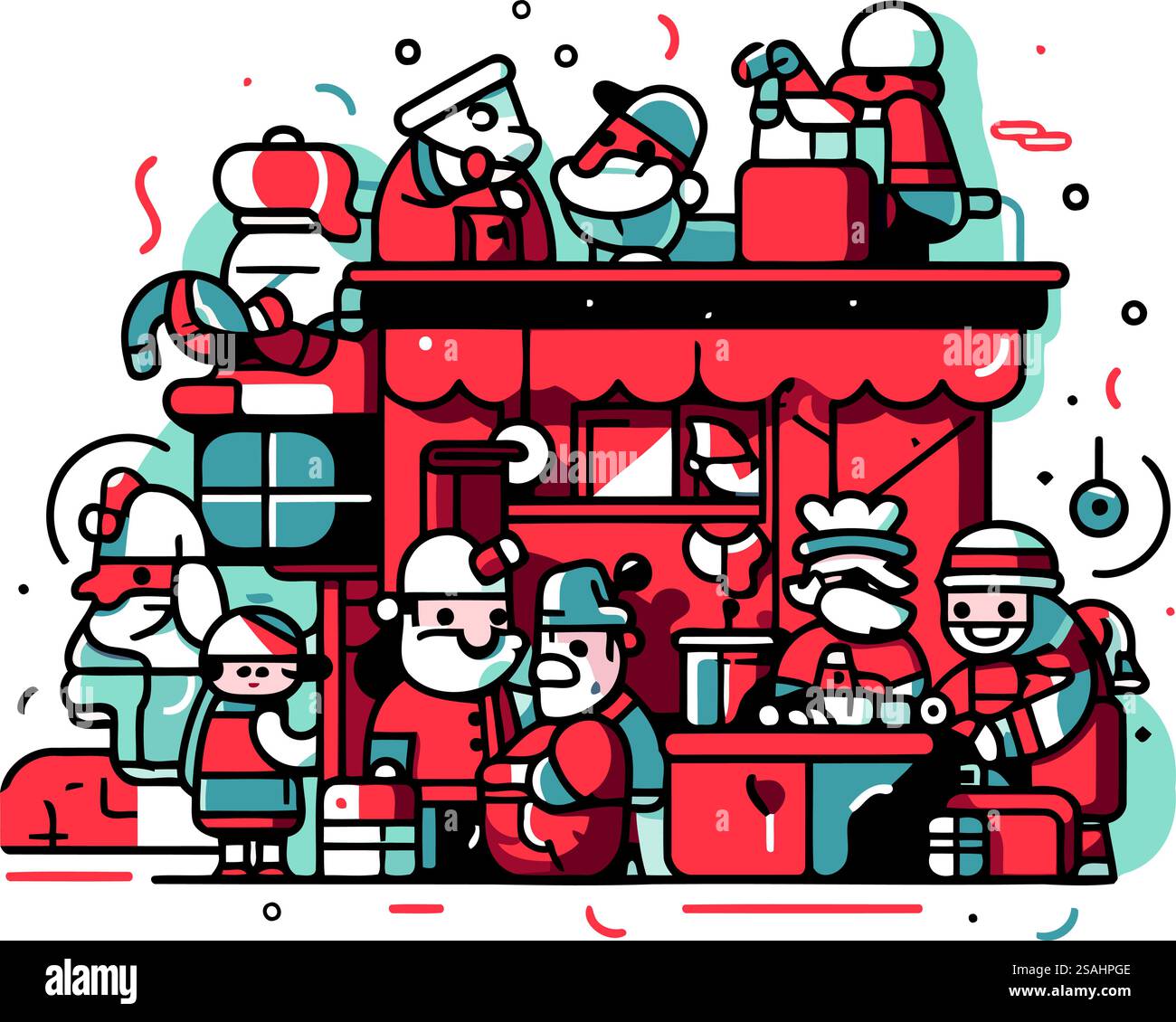 Der Weihnachtsmann und seine Familie auf dem Weihnachtsmarkt. Vektorabbildung. Stock Vektor