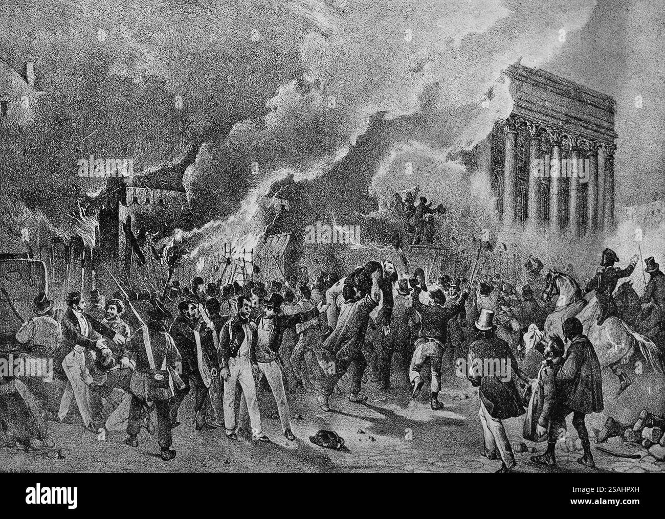 Frankreich. Paris. 1830 Revolution. Gefangennahme und Verbrennung des Wachhauses der Gendarmerie, Place de la Bourse, 27. Juli. Lithographie von V. Adam. Journées Révol Stockfoto