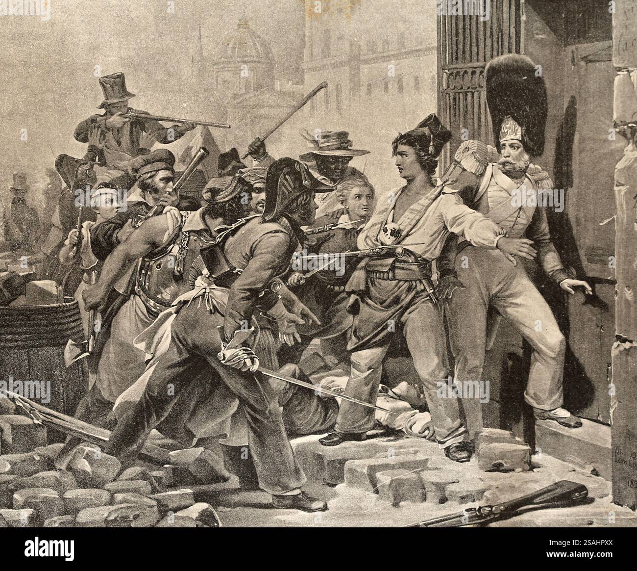 Episode der Revolution von 1830 in Paris. Junger Arbeiter, der einen Schweizer Soldaten beschützt. Stich der Malerei von Léon Coignet. Die Graveure Boussod und Vala Stockfoto