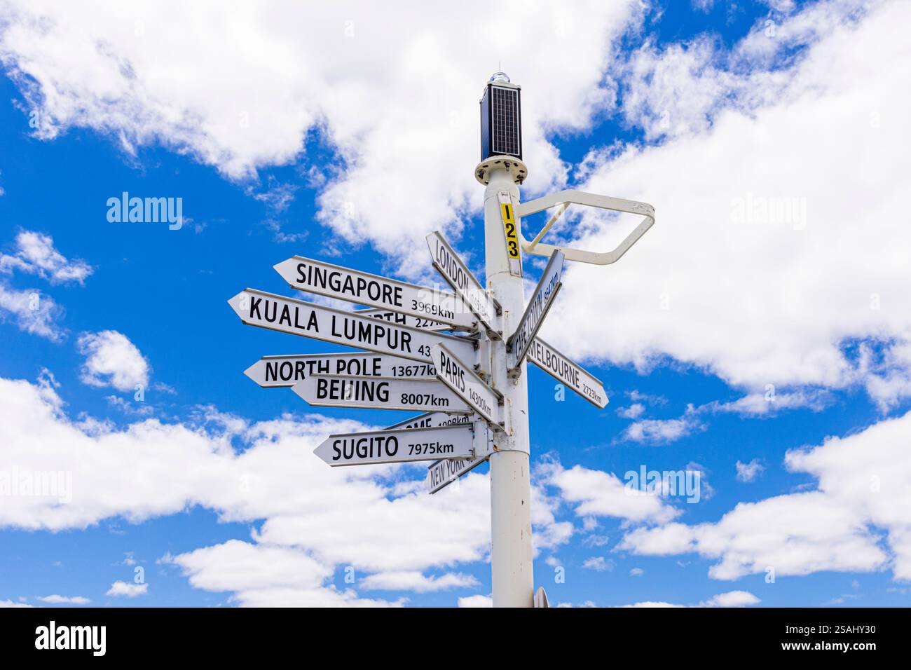 Mehrfaches Richtungsschild mit Entfernungen zu Städten vor blauem Himmel mit weißen Wolken Stockfoto
