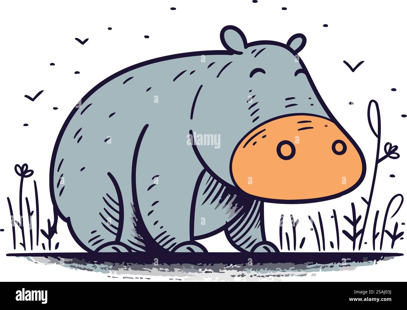 Nilpferde im Gras. Handgezeichnete Vektorgrafik. Stock Vektor