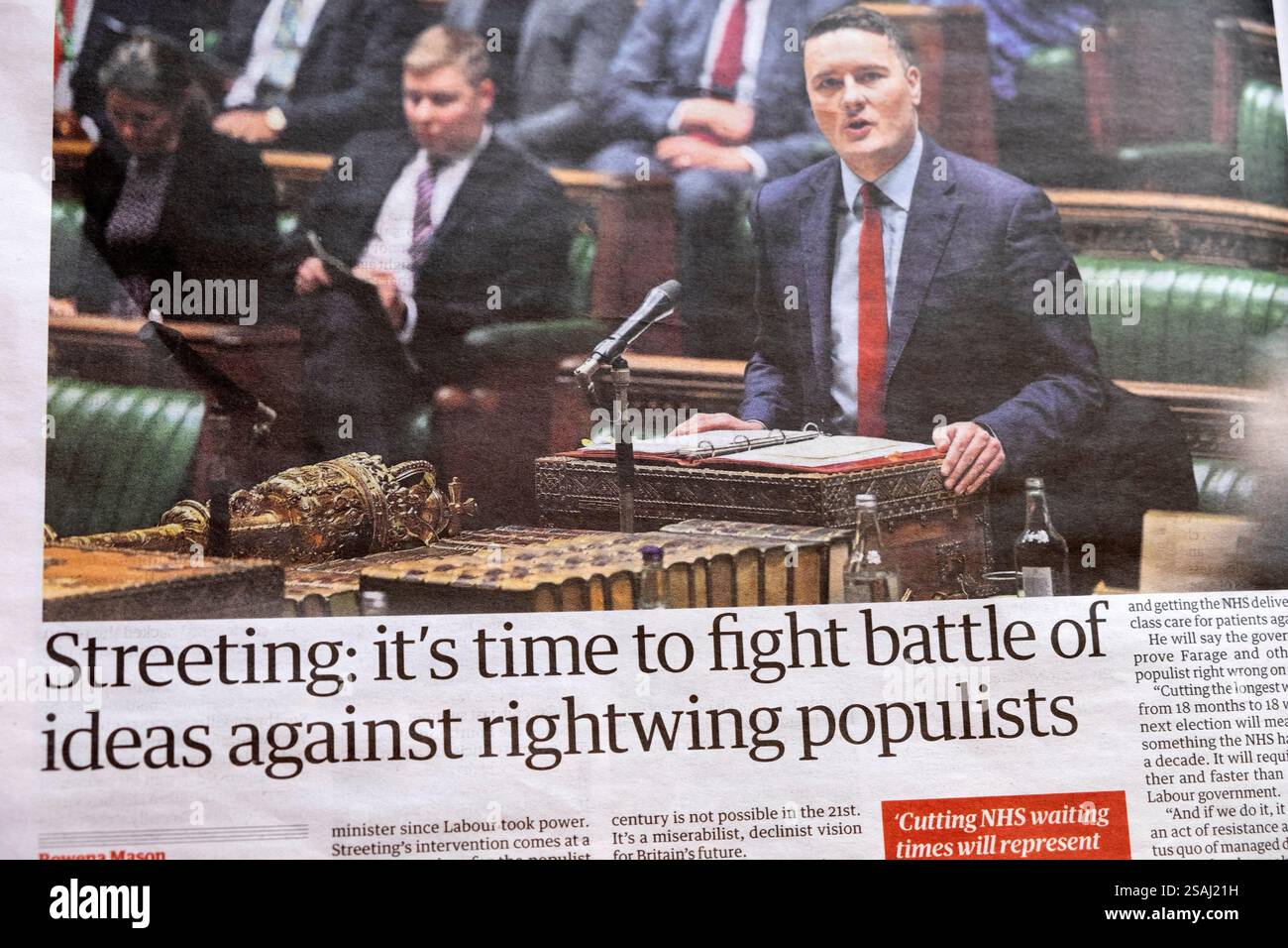 Wes 'Streeting: Es ist an der Zeit, den Kampf der Ideen gegen Rechtspopulisten zu kämpfen' Guardian Headline britischer politikartikel 24. Januar 2025 London UK Stockfoto