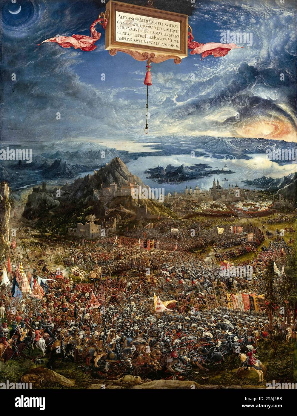 „Die Schlacht um Alexander bei Issus“ des deutschen Künstlers Albrecht Altdorfer (1480–1538) gemalt 1529. Dieses Meisterwerk zeigt die 333 v. Chr. Schlacht zwischen Alexander dem Großen und Darius III. Von Persien in einer Weltlandschaft unter Sonnenuntergang über dem Nil und der Mondsichel über dem Turm von Babel. Quelle: Alte Pinakothek / Universal Art Archive Stockfoto