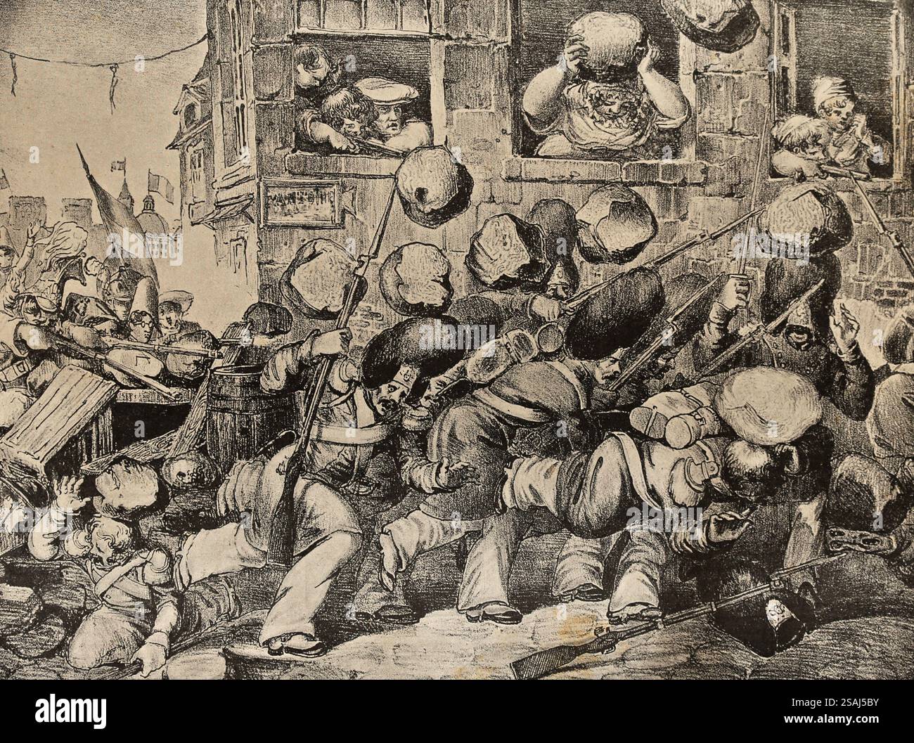 Frankreich. Paris. Juli Revolution 1830. Marsch der Schweizer Truppen an einem Tag rauen Wetters. Satire. Aus der Lithographie der Zeit. Private Sammlung. Journée Stockfoto