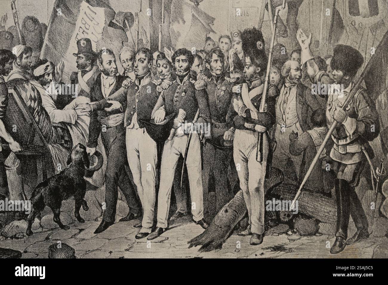 Frankreich. Paris. 1830 Revolution. La Fayette (bekannt als Führer der Revolution) geht zum Rathaus. Gravur, 19. Journées Révolutionnaire Stockfoto