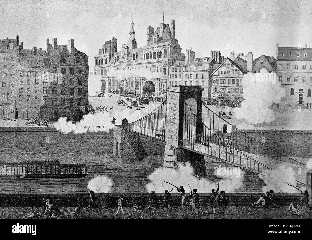 Frankreich. Paris. 28. juli 1830. Angriff auf das Hotel de Ville von Paris und Kampf auf die Brücke von Arcole. Stockfoto